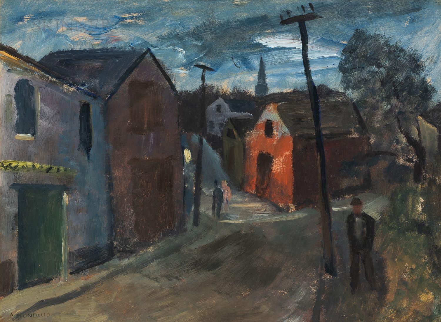 Gerrit Hondius - Street Scene at Dusk Signed \'G. Hondius\' lower left. Gouache on paper/board, matted and framed. sight 10 7/8 x 14 3/4 in. (27.7 x 37.5 cm)