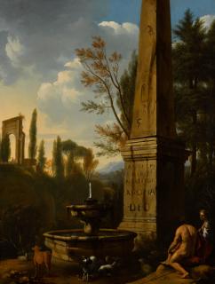 Gerrit Jansz. Van Bronckhorst - A Classical Landscape With A Woman And Shepherd Sitting Next To An Obelisk And Fountain 