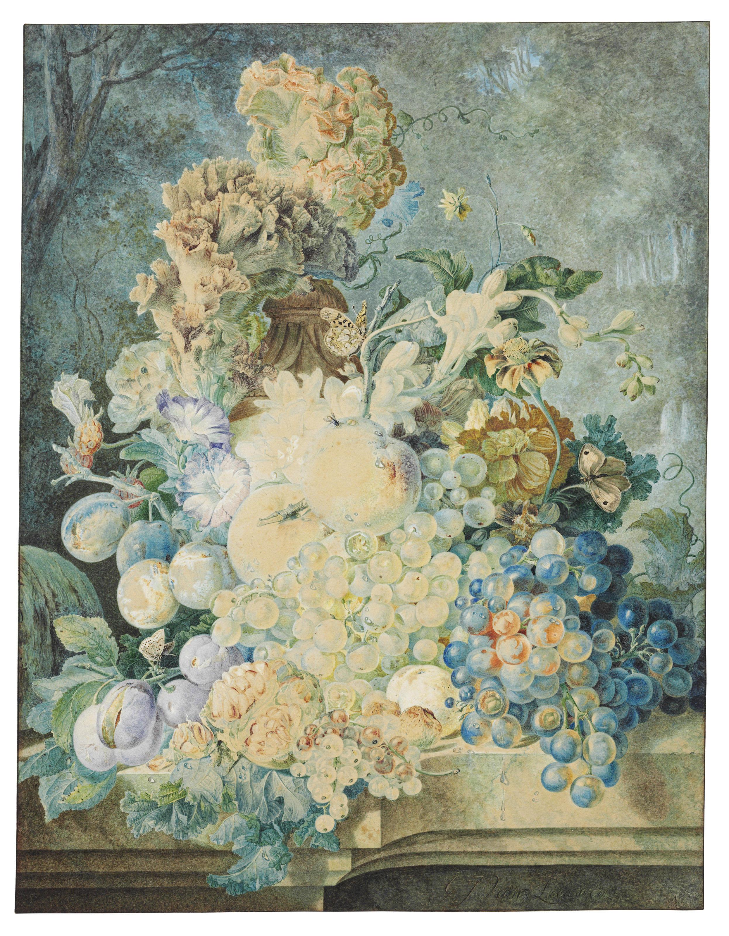 Gerrit Johan Van Leeuwen - Flowers and fruit, including Hydrangeas, phlox, grapes and a plum, on a stone ledge