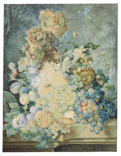 Gerrit Johan Van Leeuwen - Flowers and fruit, including Hydrangeas, phlox, grapes and a plum, on a stone ledge