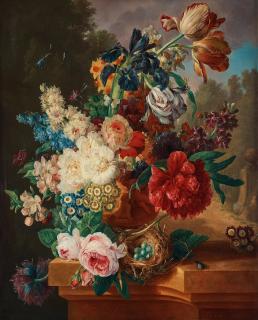 Gerrit Johan van Leeuwen - Still life with an urn with flowers, a birdsnest and insects