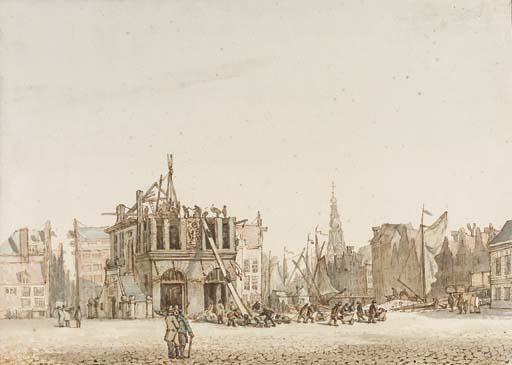 Gerrit Lamberts - A view of the Waag on the Dam being demolished, the Nieuwendijk on the left, the Huis onder\'t zeil by the Damrak to the right, the tower of the Oude Kerk beyond