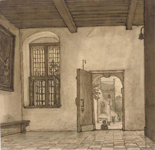 Gerrit Lamberts - The interior of a house, with an open door showing the street beyond