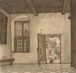Gerrit Lamberts - The interior of a house, with an open door showing the street beyond