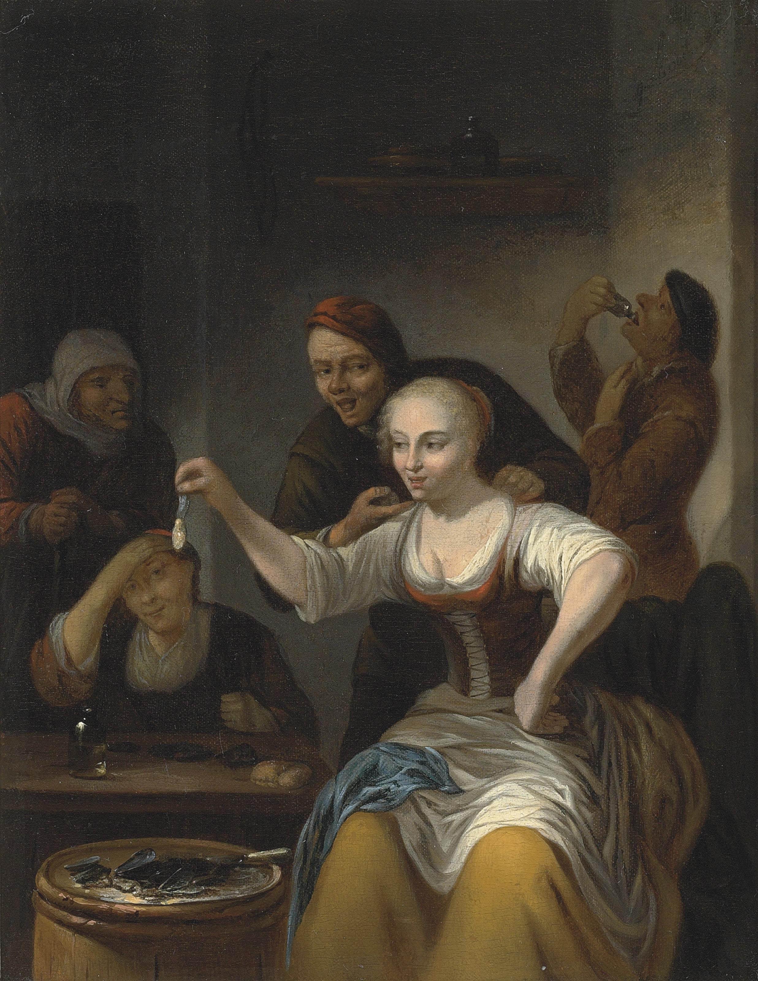 Gerrit Lundens - A barn interior with a woman seated holding up an opened clam and other figures gathered around the table and a barrel
