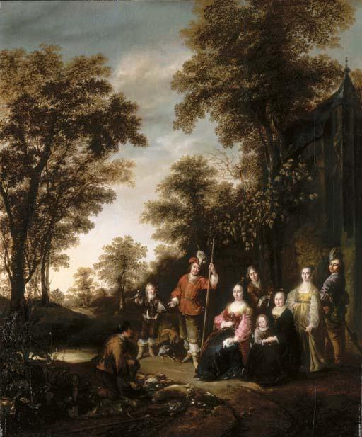 Gerrit Lundens - A family portrait in a landscape after a hunt