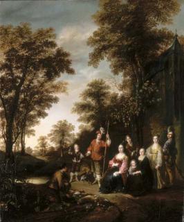 Gerrit Lundens - A family portrait in a landscape after a hunt