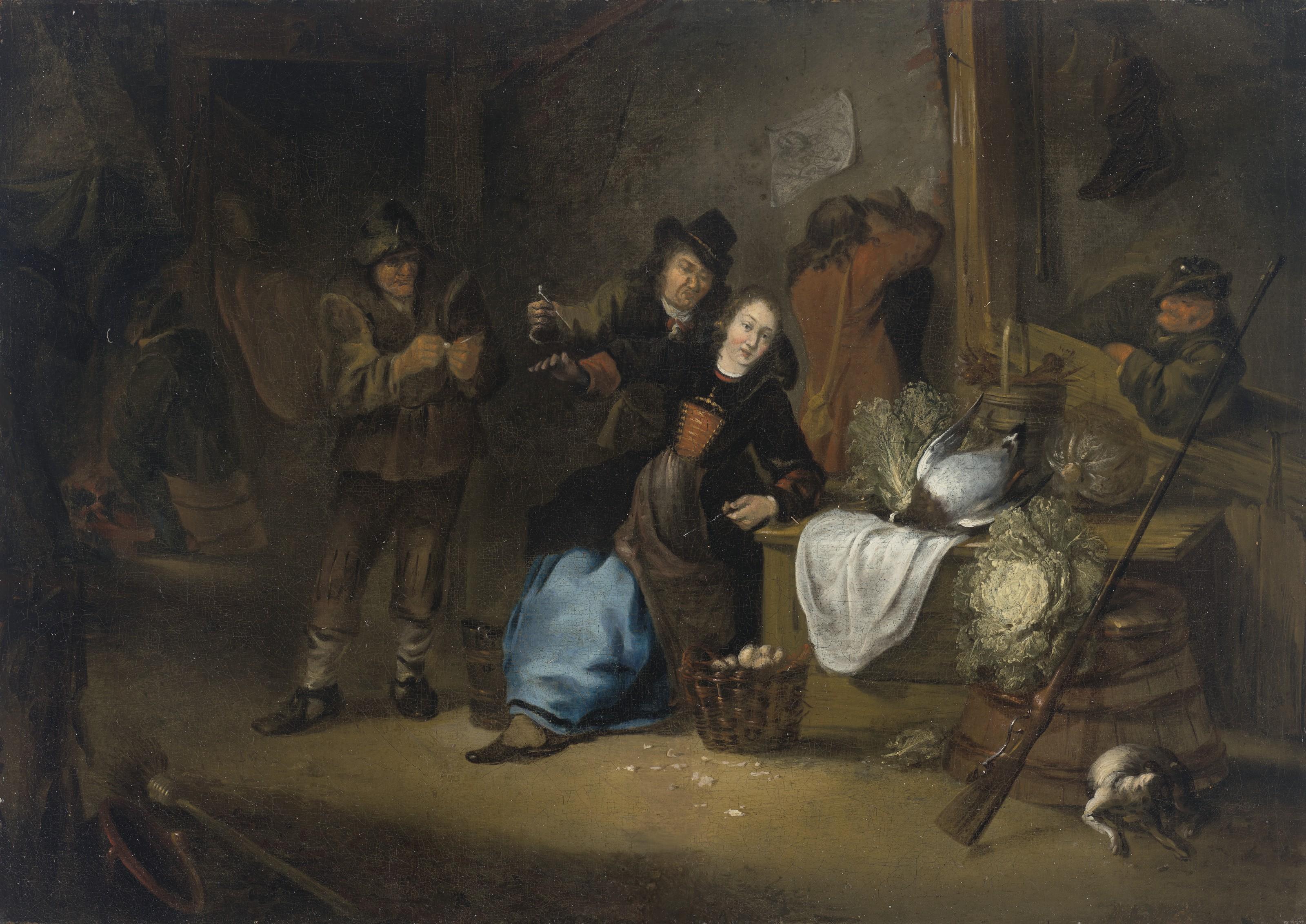 Gerrit Lundens - A rustic interior with a seated woman and other figures making merry