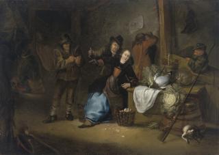 Gerrit Lundens - A rustic interior with a seated woman and other figures making merry