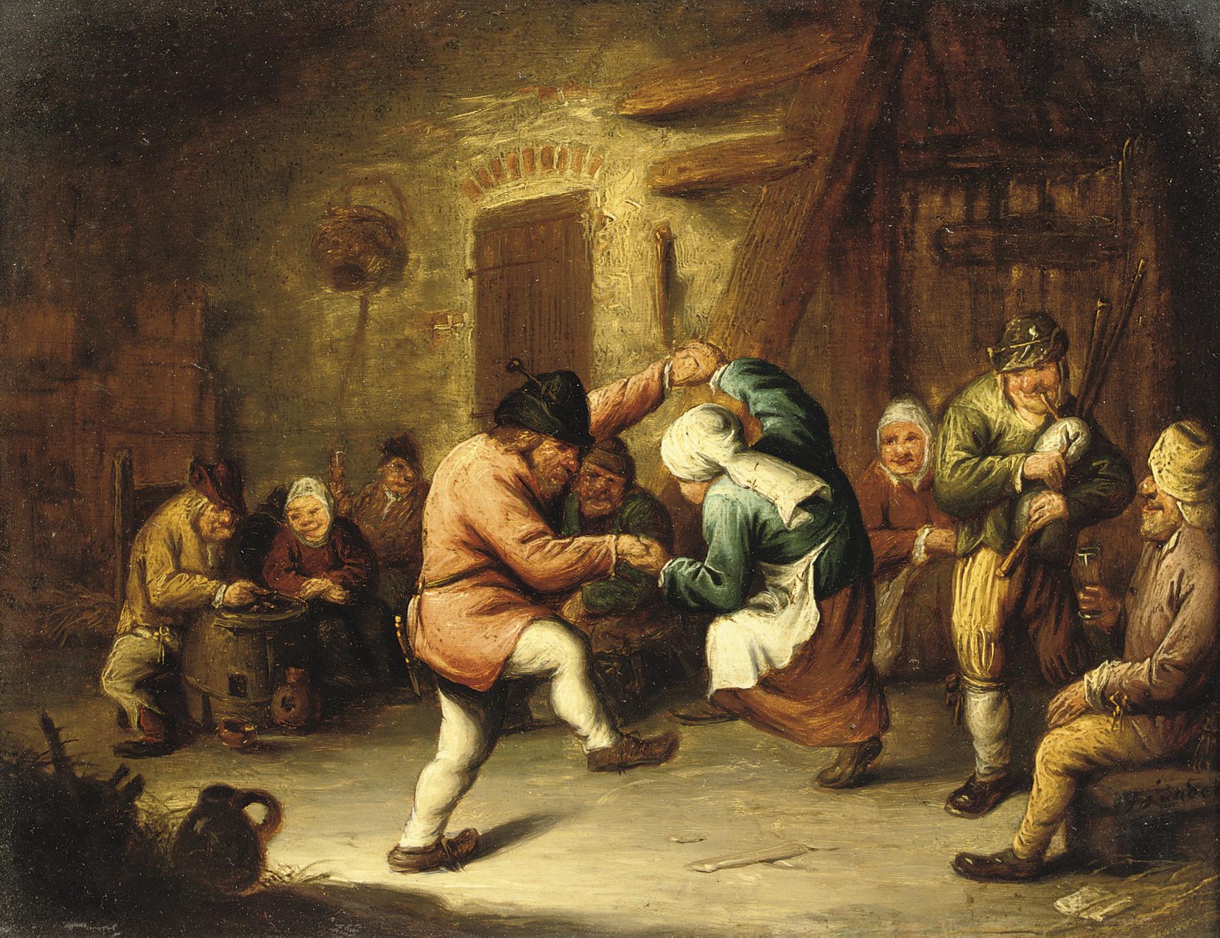 Gerrit Lundens - Boors dancing in an inn