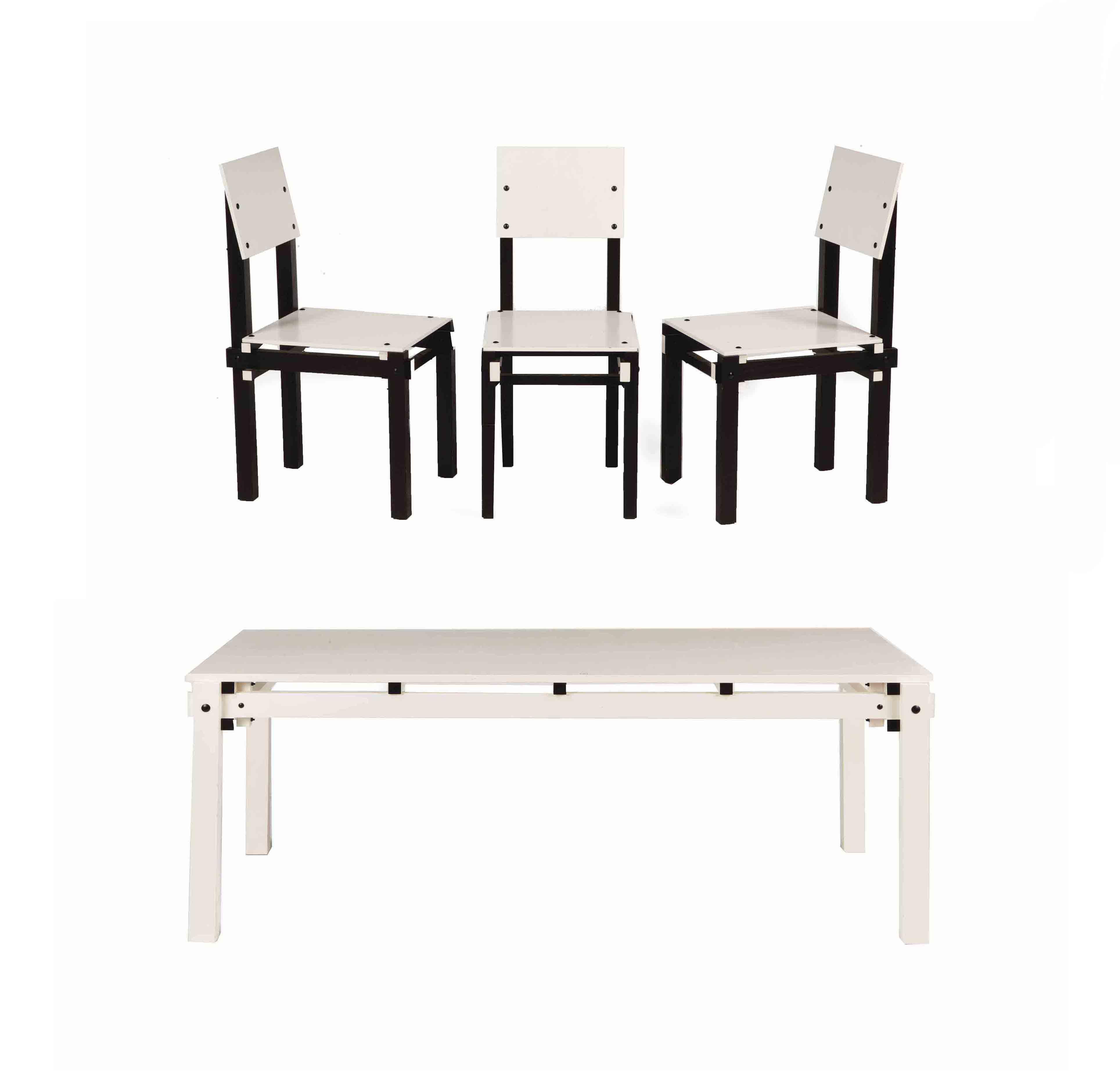 Gerrit Thomas Rietveld - A set of six black and white military chairs and a table