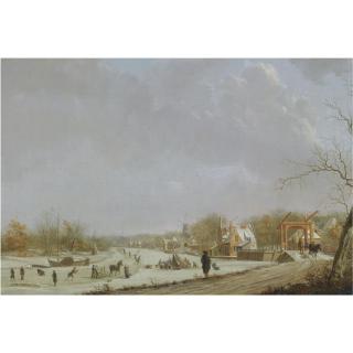 Gerrit Toorenburgh - A Winter View Of Leiden With Figures Skating On The Oude Rijn, The Lage Rijndijk With De Ooievaar Mill To The Right, The Spanjaardsbrug In The Foreground, The Zijlpoort And The Marekerk In The Distance