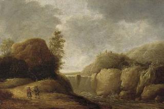 Gerrit Van Battem - A mountainous landscape with travellers on a path by a waterfall