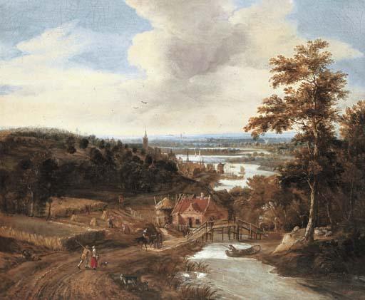 Gerrit van Battem - A wooded river landscape with harvesters and travellers on a bridge, a town beyond