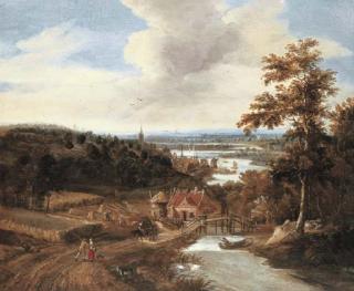 Gerrit van Battem - A wooded river landscape with harvesters and travellers on a bridge, a town beyond