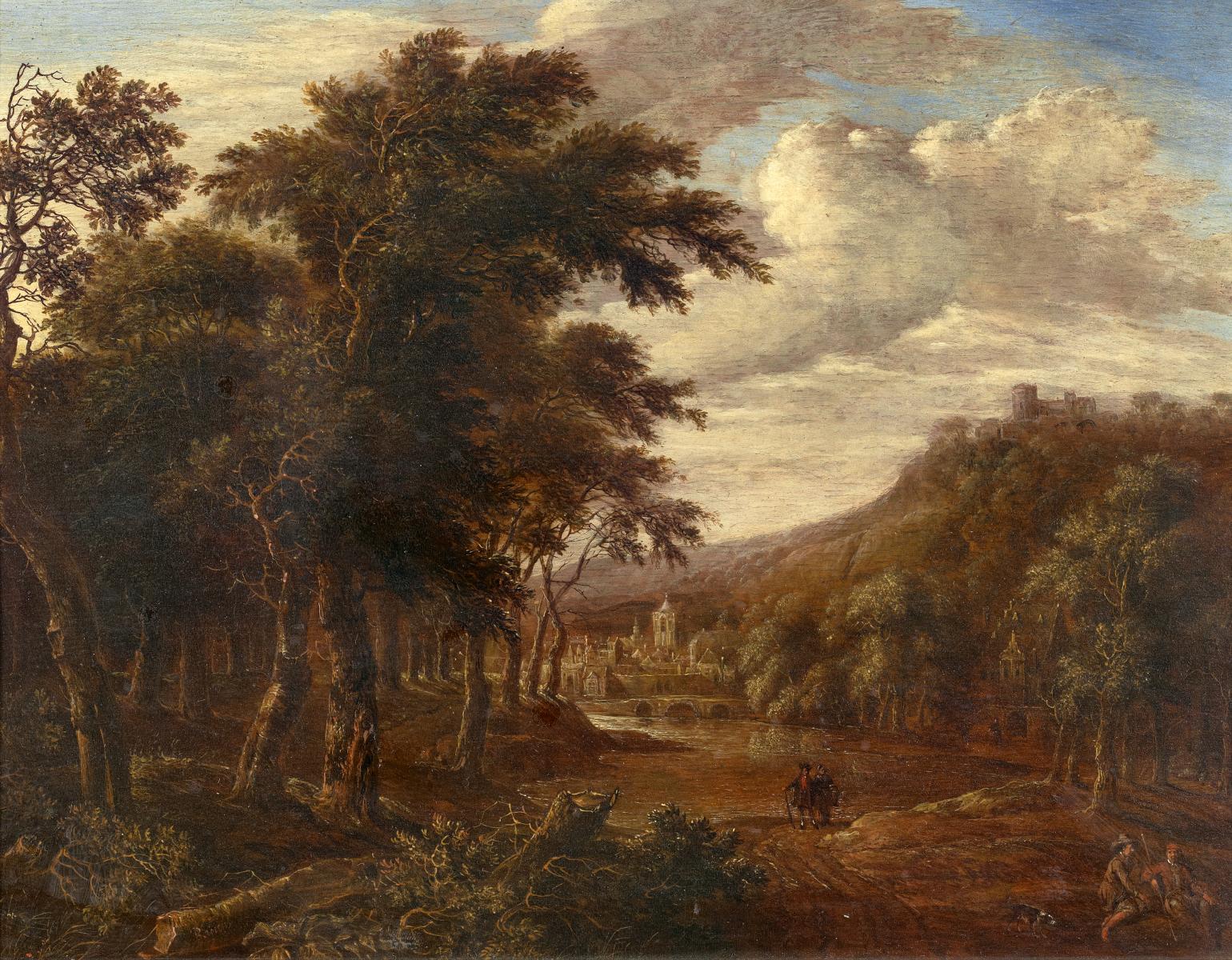 Gerrit van Battem - Bewaldete Uferlandschaft mit Stadt