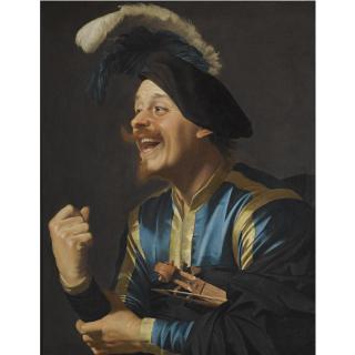 Gerrit van Honthorst - A Laughing Violinist, Half-Length, Wearing A Blue And Yellow Striped Doublet And A Plumed Cap, With A Violin Tucked Under His Arm