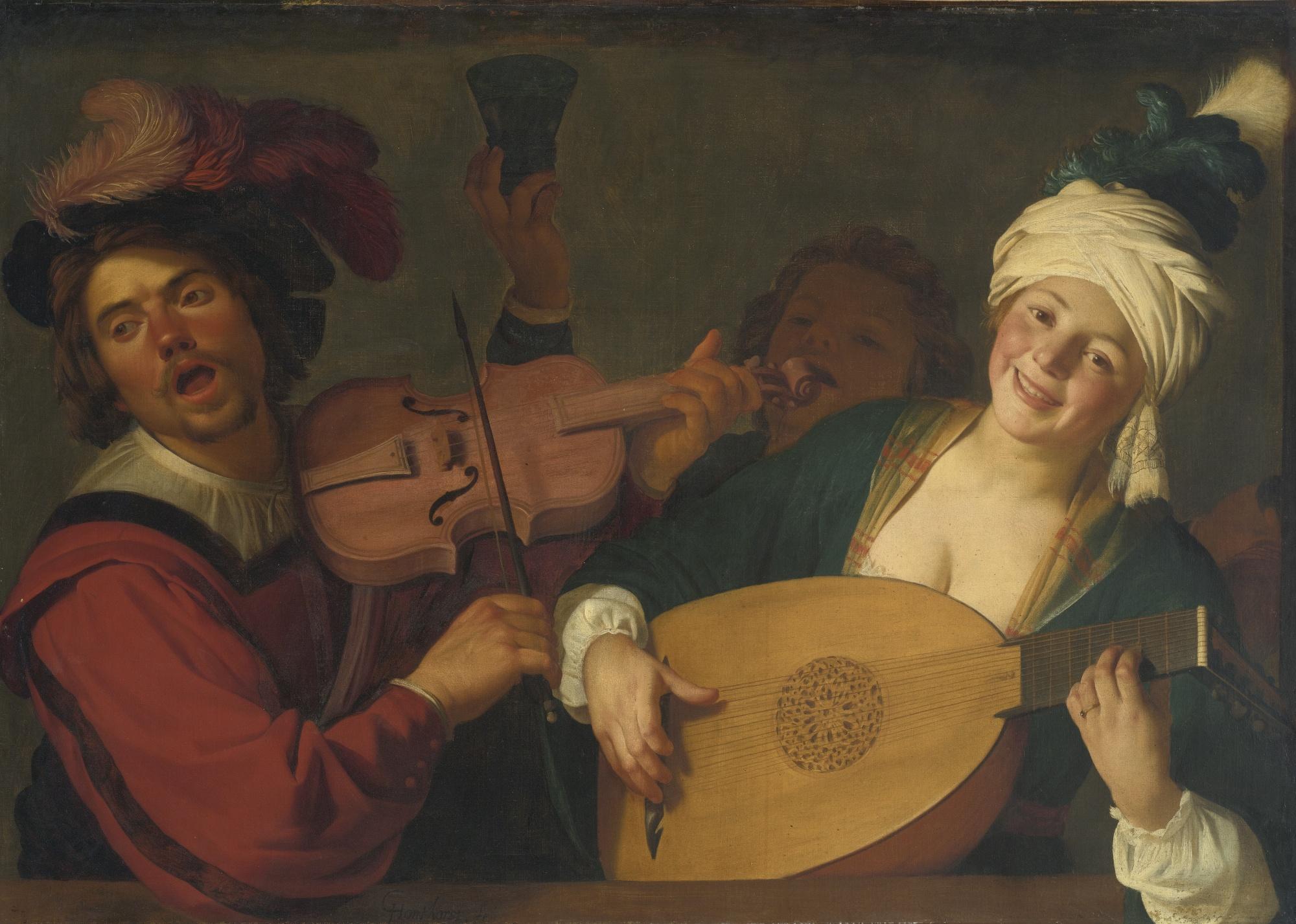 Gerrit Van Honthorst - A Merry Group Behind A Balustrade With A Violin And A Lute Player