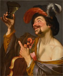 Gerrit Van Honthorst - A merry violinist holding a roemer