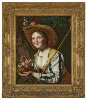 Gerrit Van Honthorst - A shepherdess holding a bird\'s nest