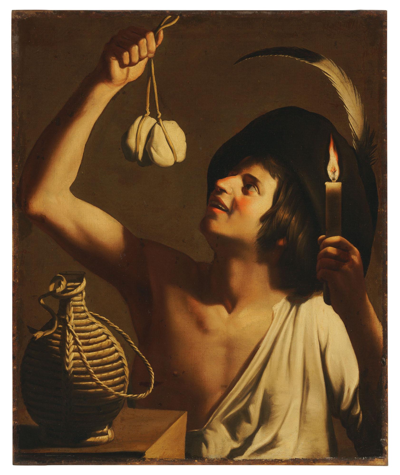 Gerrit Van Honthorst - A young man holding a burning candle and a scamorza cheese, a fiasco bottle beside him