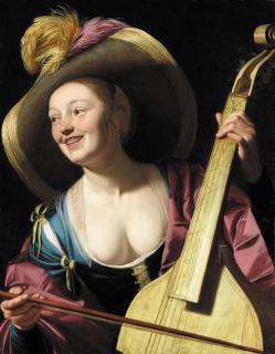 Gerrit Van Honthorst - A young woman playing a viola da gamba