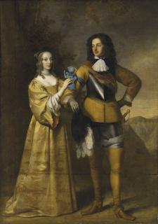 Gerrit Van Honthorst - Double portrait of a gentleman and lady, possibly Christian Albrecht zu Dohna (1621-1677) and his wife Sophie Dorothea of Brederode-Vianen (1620-1678), full-length, in a landscape, a military encampment beyond