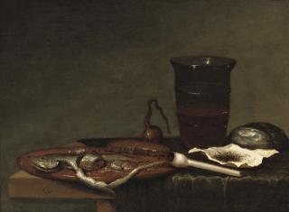 Gerrit Van Vucht - A glass of beer, a pipe with tobacco and a sliced herring, all on a partially draped table