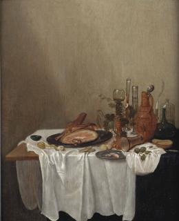 Gerrit van Vucht - A ham on a pewter plate, a peeled lemon, various jugs and glasses, all on a partially draped table