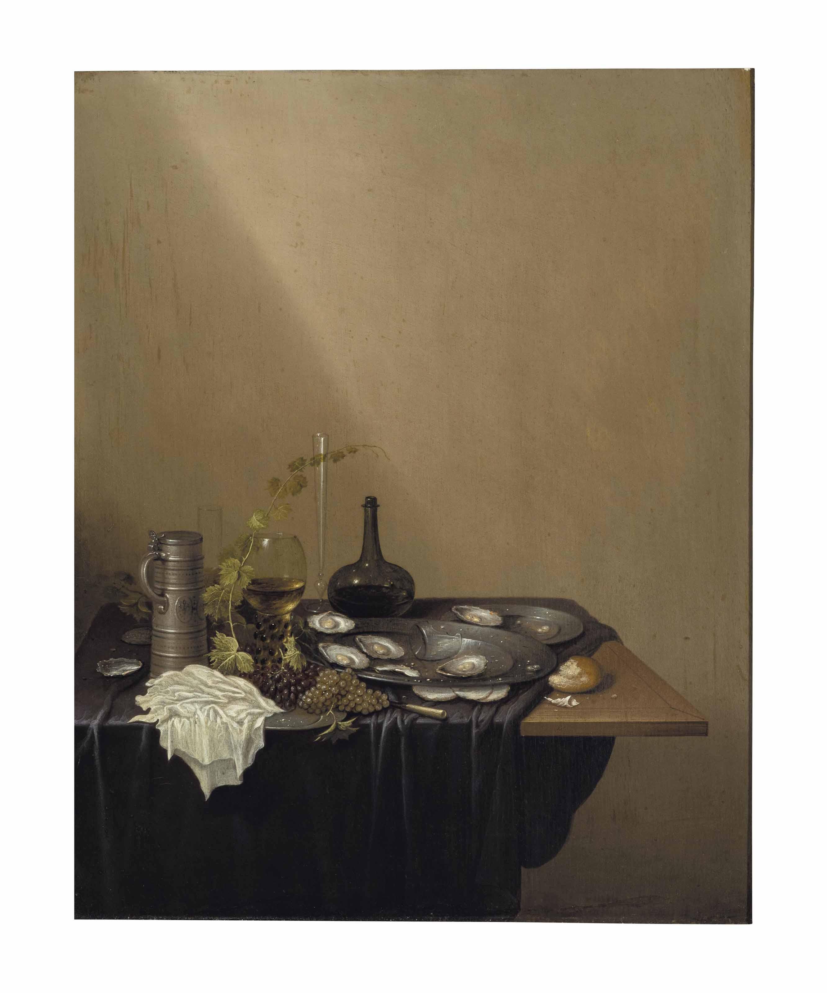 Gerrit Van Vucht - A pewter dish of oysters with grapes, a  roemer , and bread on a partially draped table