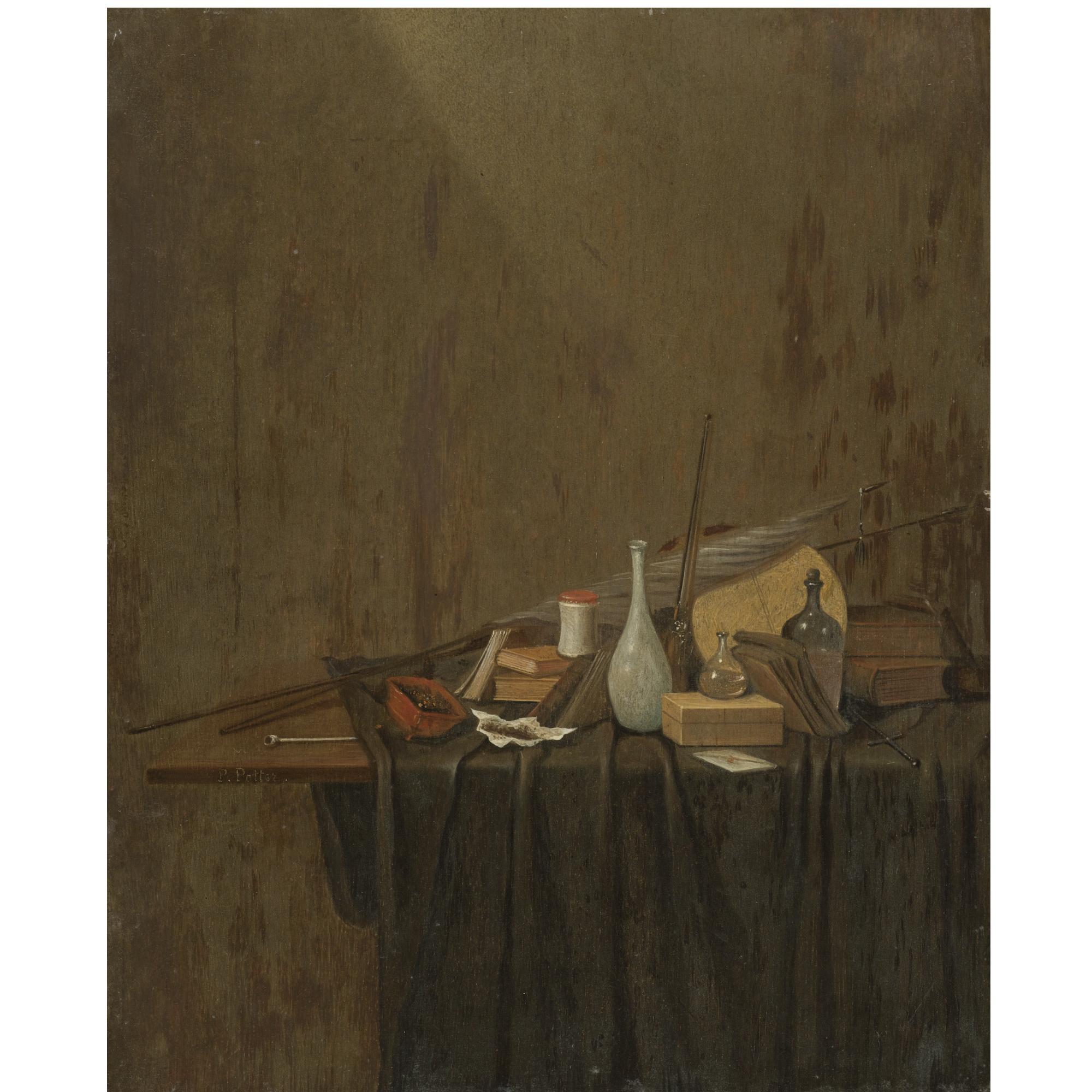 Gerrit van Vucht - A Still Life With A Pipe, Burning Embers, Tobacco, Books, A Letter, Two Flags, A Jar, A Ceramic Vase, A Glass Decanter, A Glass Bottle, A Letter Opener, All On A Partly Draped Table