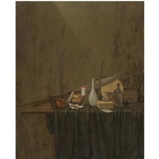 Gerrit van Vucht - A Still Life With A Pipe, Burning Embers, Tobacco, Books, A Letter, Two Flags, A Jar, A Ceramic Vase, A Glass Decanter, A Glass Bottle, A Letter Opener, All On A Partly Draped Table