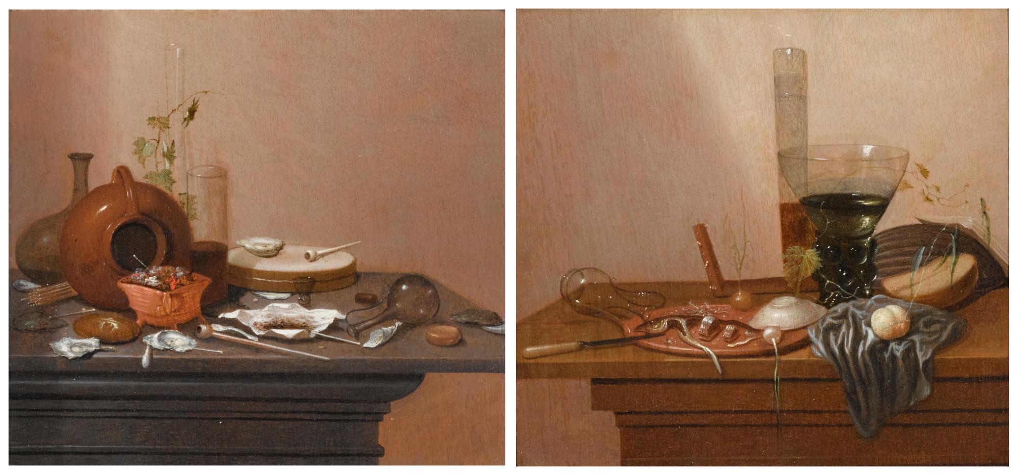 Gerrit Van Vucht - A Still Life With Smoking Attributes Such As Pipes And A Burner; And A Still Life With A Wine Glass And Sliced Herring On A Plate