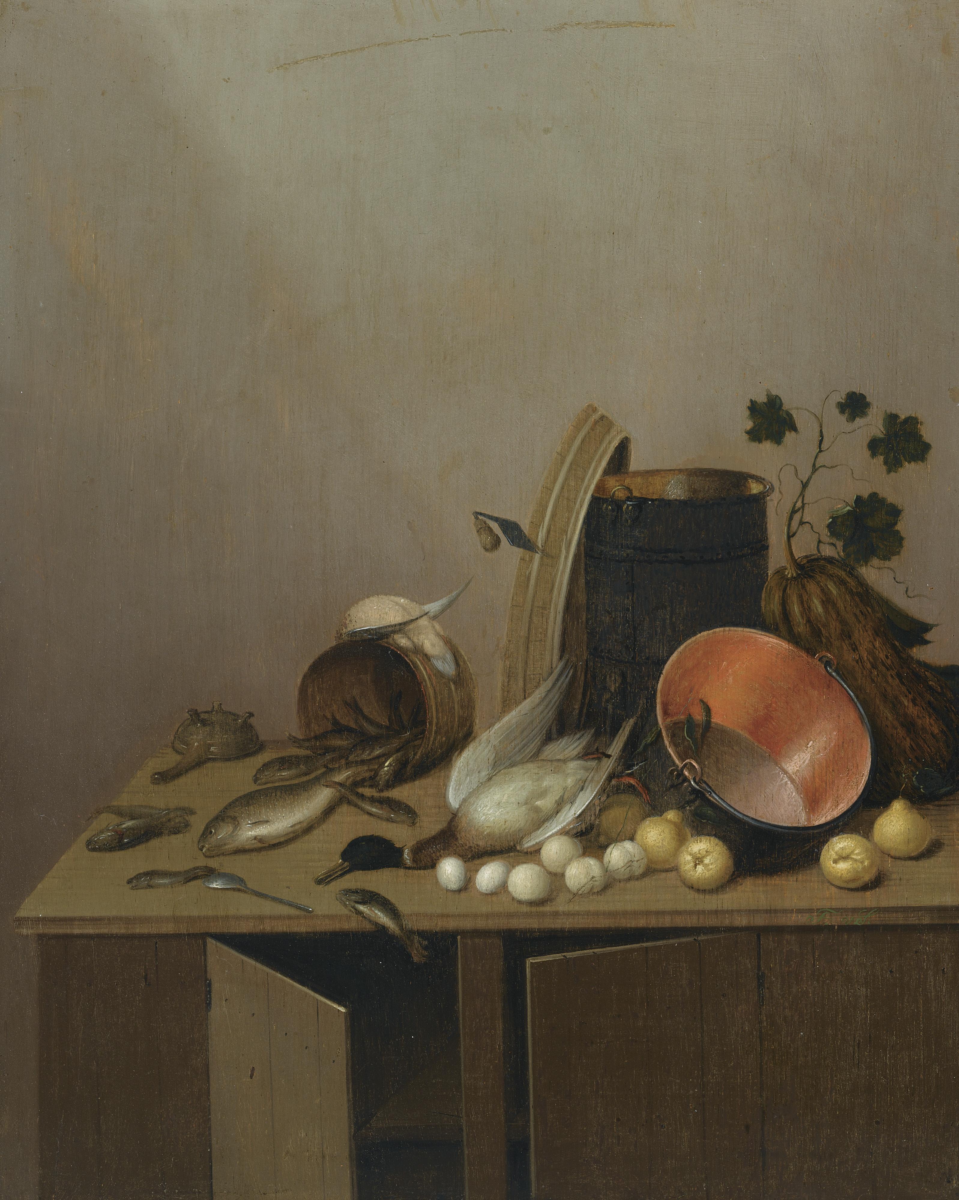 Gerrit Van Vucht - Still Life With A Dead Duck, Fish, Pears, Eggs, A Copper Pot And Other Objects, All Arranged On A Kitchen Cabinet