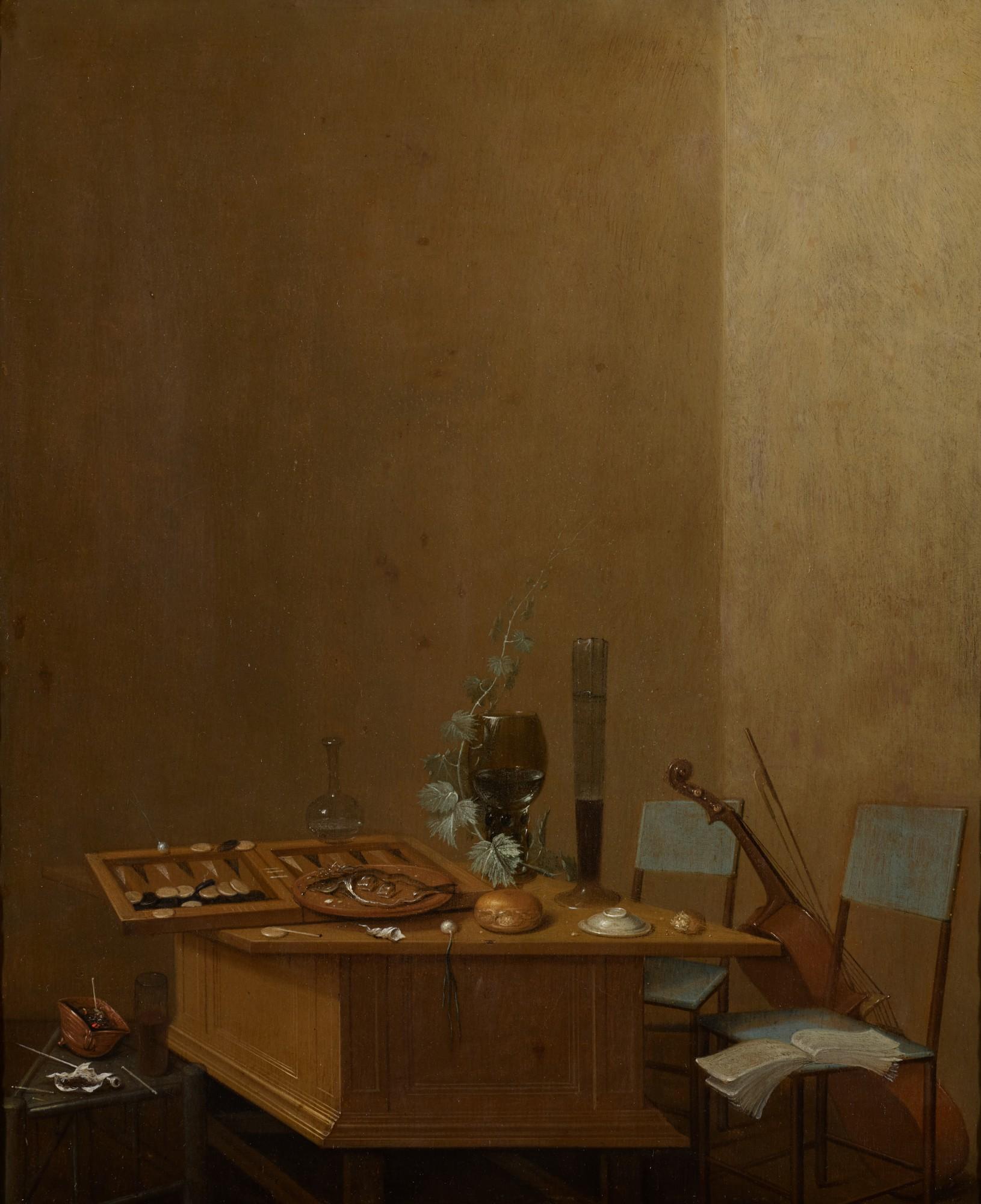 Gerrit Van Vucht - Still-Life With Tric-Trac Game And Various Tableware All Atop A Wooden Table, A Stool With Smoking Materials To The Left, Two Chairs And A Cello To The Right