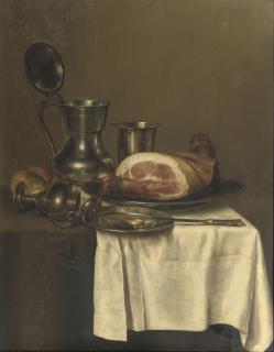 Gerrit Willemsz. Heda - A pewter jug, a silver cup, a ham on a silver plate, a knife on a pewter plate and a roll of bread, all on a partially draped wooden table