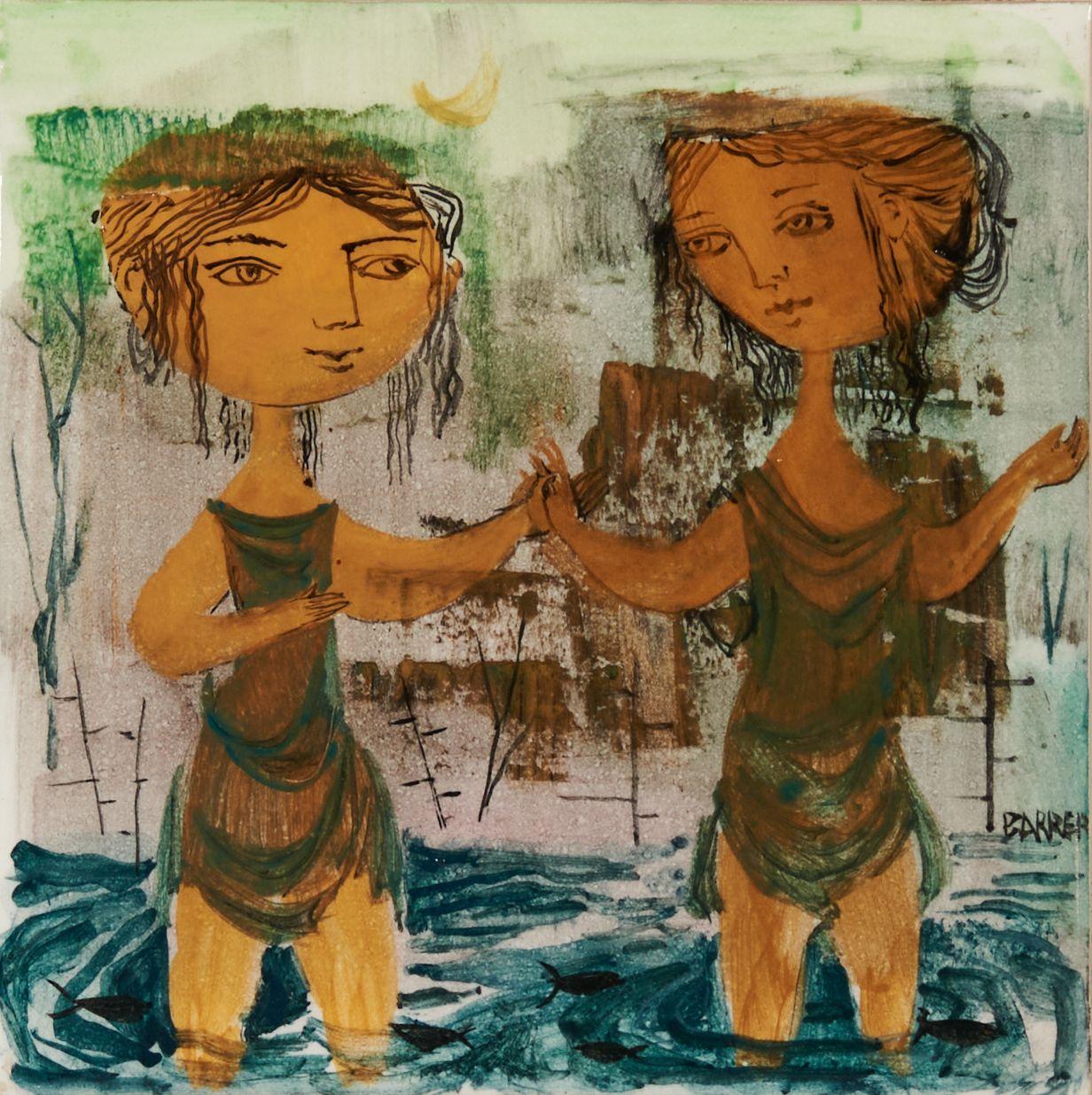 Gertrude Barrer - Two Figural Paintings on Tile Two Women Holding Hands in Water and Two Figures with Musical Instruments each 6 x 6 in.