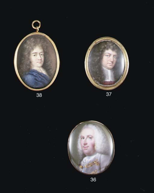 Gervase Spencer - A gentleman in lilac-coloured coat with gold frogging and button, powdered bob wig (cracked)