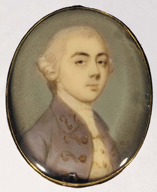 Gervase Spencer - A young gentleman, facing right in lilac-coloured coat with gold embroidery and buttons, powdered wig