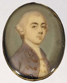 Gervase Spencer - A young gentleman, facing right in lilac-coloured coat with gold embroidery and buttons, powdered wig