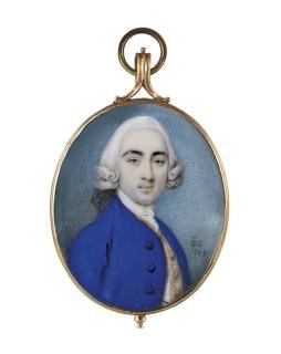 Gervase Spencer - A young gentleman, in blue coat, gold-embroidered white waistcoat, white lace cravat, powdered wig en queue