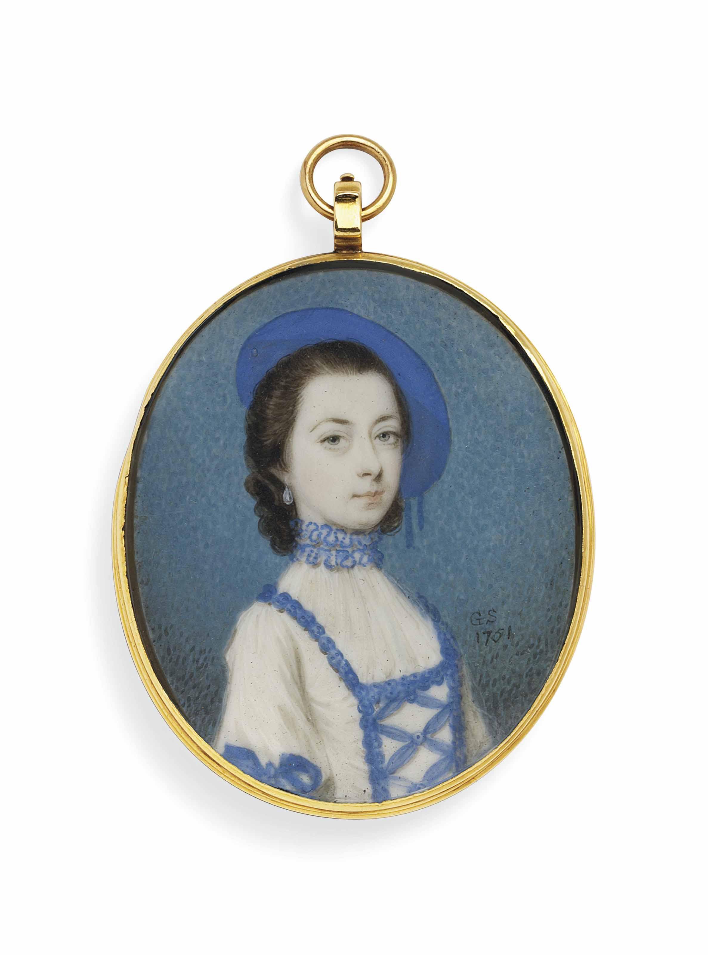 Gervase Spencer - A young lady, in blue-trimmed white dress with frilled collar, blue hat, drop-pearl earring