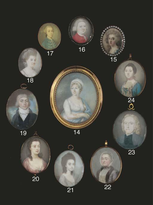 Gervase Spencer - A young lady in white dress adorned with pearls and blue ribbon, wearing an ermine-bordered turquoise surcoat, pink choker, her hair upswept