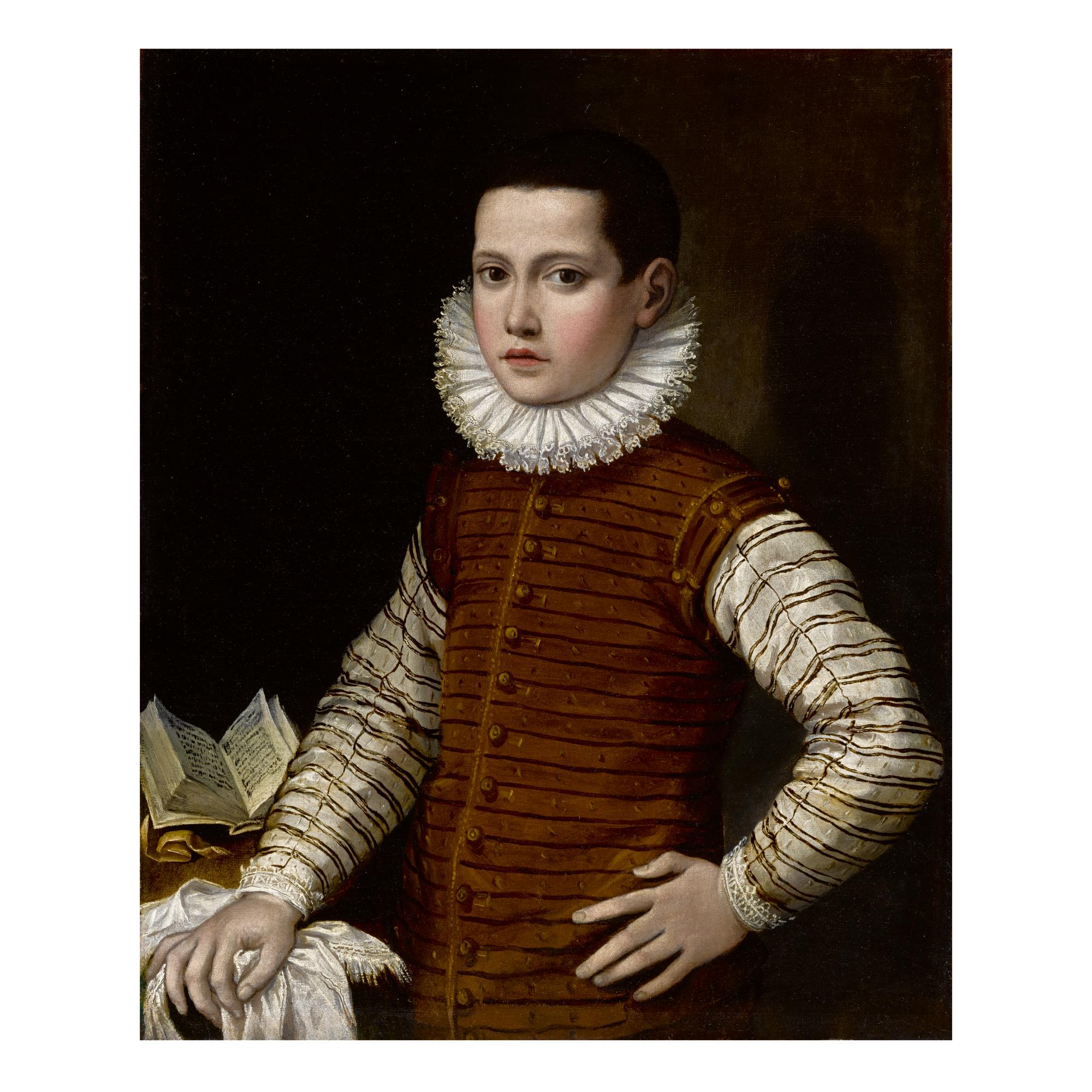 Gervasio Gatti - Portrait Of A Boy In Striped Doublet And White Ruff, His Left Arm On His Hip And Right Resting On A Table With An Open Book, Half-Length