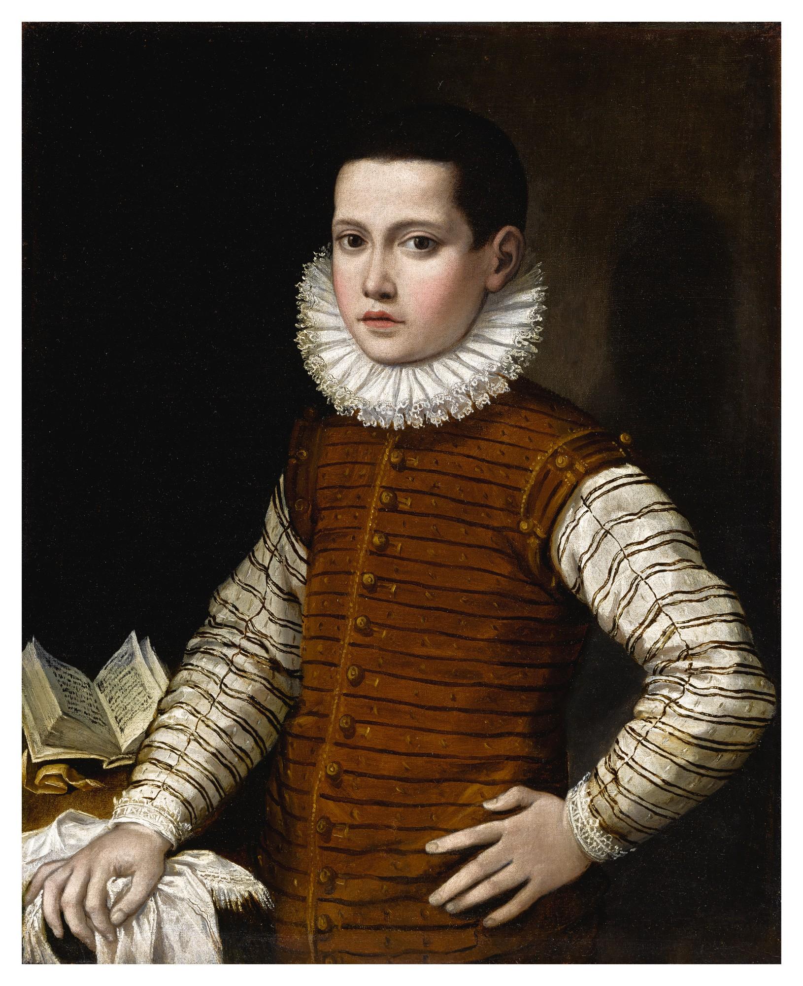 Gervasio Gatti - Portrait Of A Boy In Striped Doublet And White Ruff, His Left Arm On His Hip And Right Resting On A Table With An Open Book, Half-Length