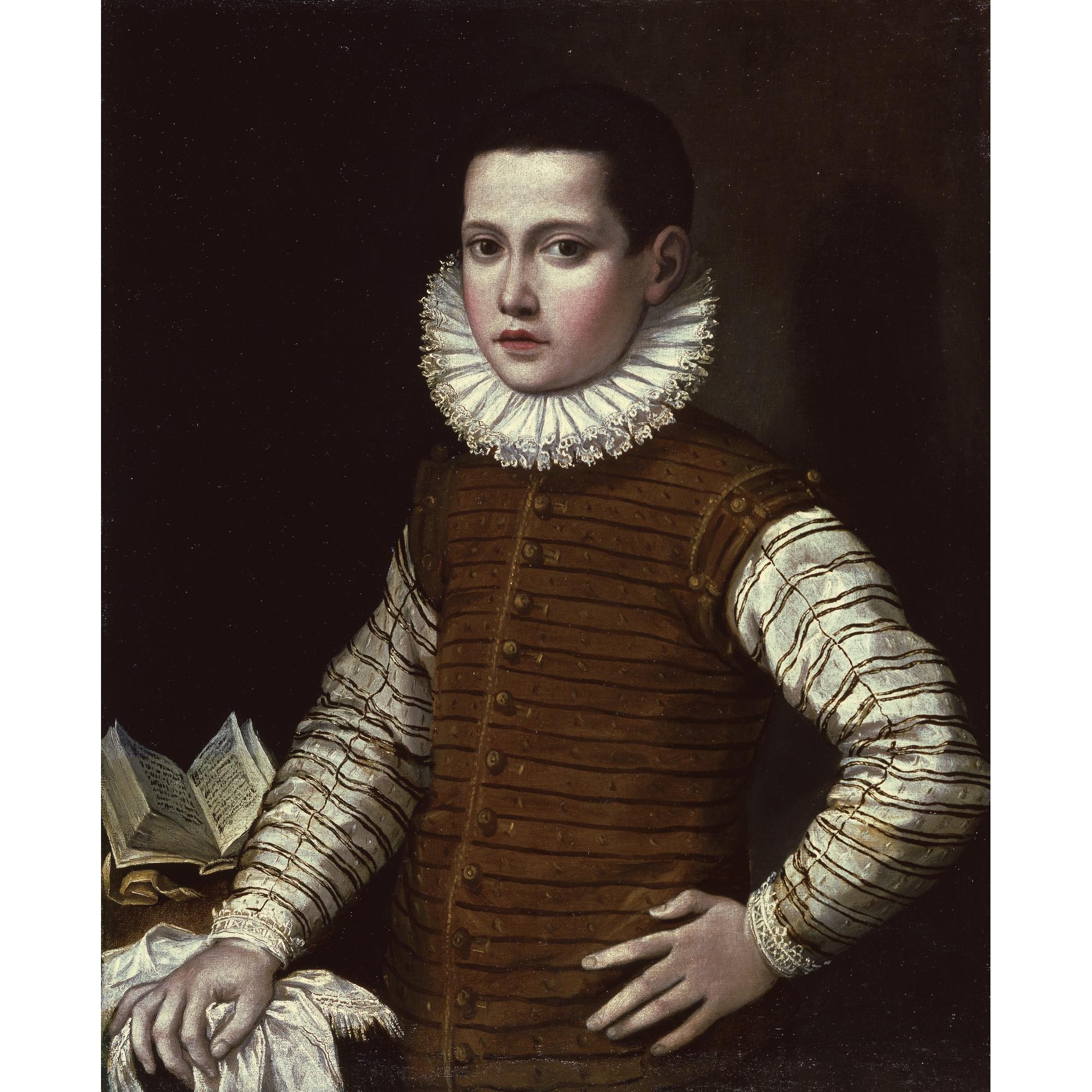 Gervasio Gatti - Portrait Of A Young Boy, Half Length, His Hand Resting On A Ledge Beside An Open Book