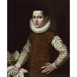 Gervasio Gatti - Portrait Of A Young Boy, Half Length, His Hand Resting On A Ledge Beside An Open Book