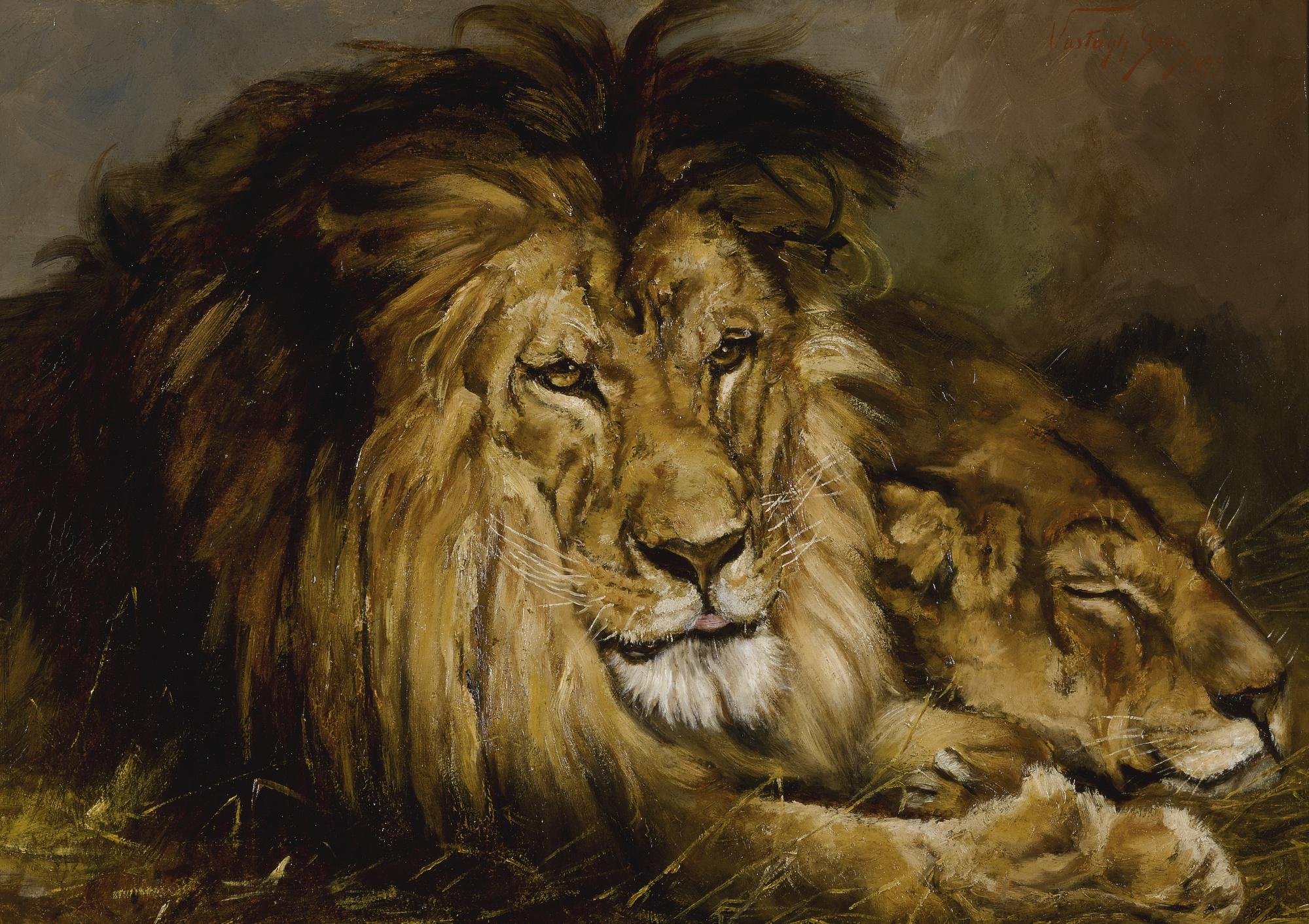 Géza Vastagh - Hungarian resting Lion And Lioness 