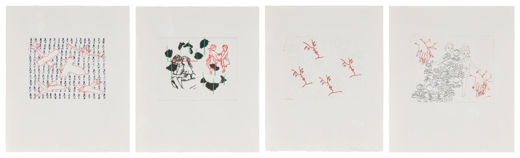 Ghada Amer - Elizabeth\'s Group [Four Works] i. White Planes with Red Contours ii. Black Roses with Children iii. Red Kisses on White Flowers iv. Children, Flowers and Hands