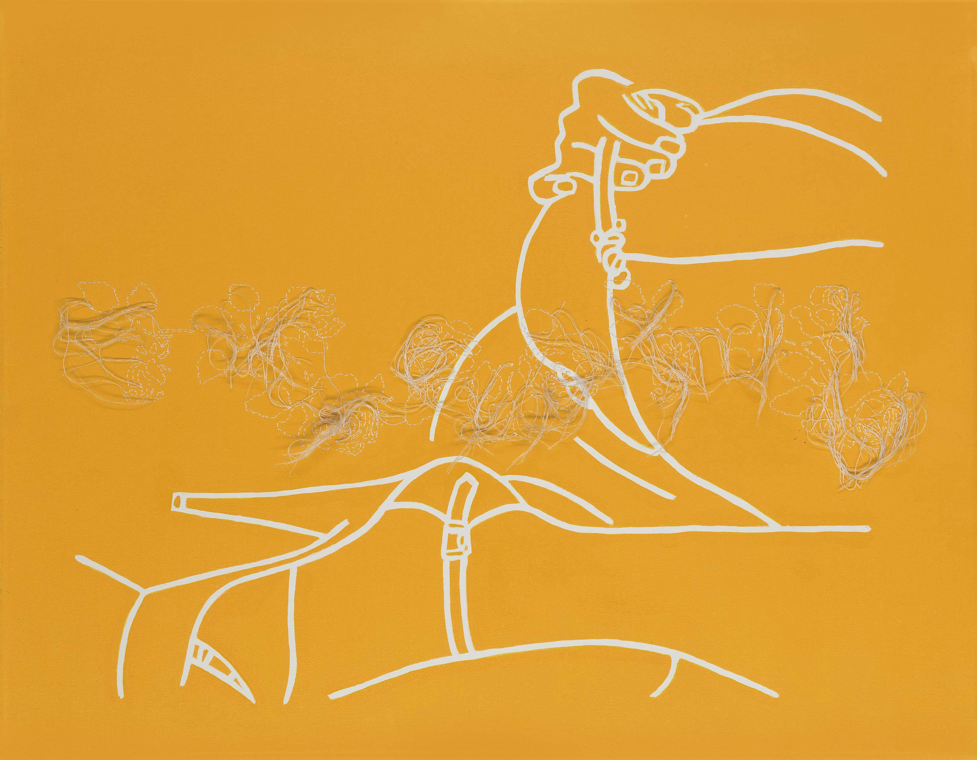 Ghada Amer - Untitled (femme allongée jaune/ fleurs blanches)
